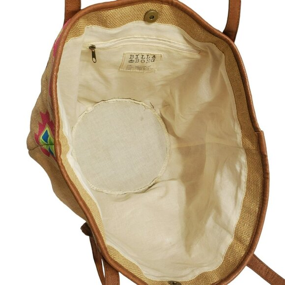 Billabong Boho Tote Beach Bag Southwest Purse Aztec Burlap Lined Hobo Tan Pink - Picture 6 of 16